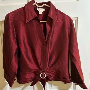 Vintage Talbots 100% silk Burgundy Blouse with Rhinestone buckle and side zipper